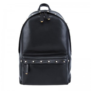 18SA-6841F Stud decorated black top quality front zipper pocket simple style genuine leather backpack for men with laptop pocket